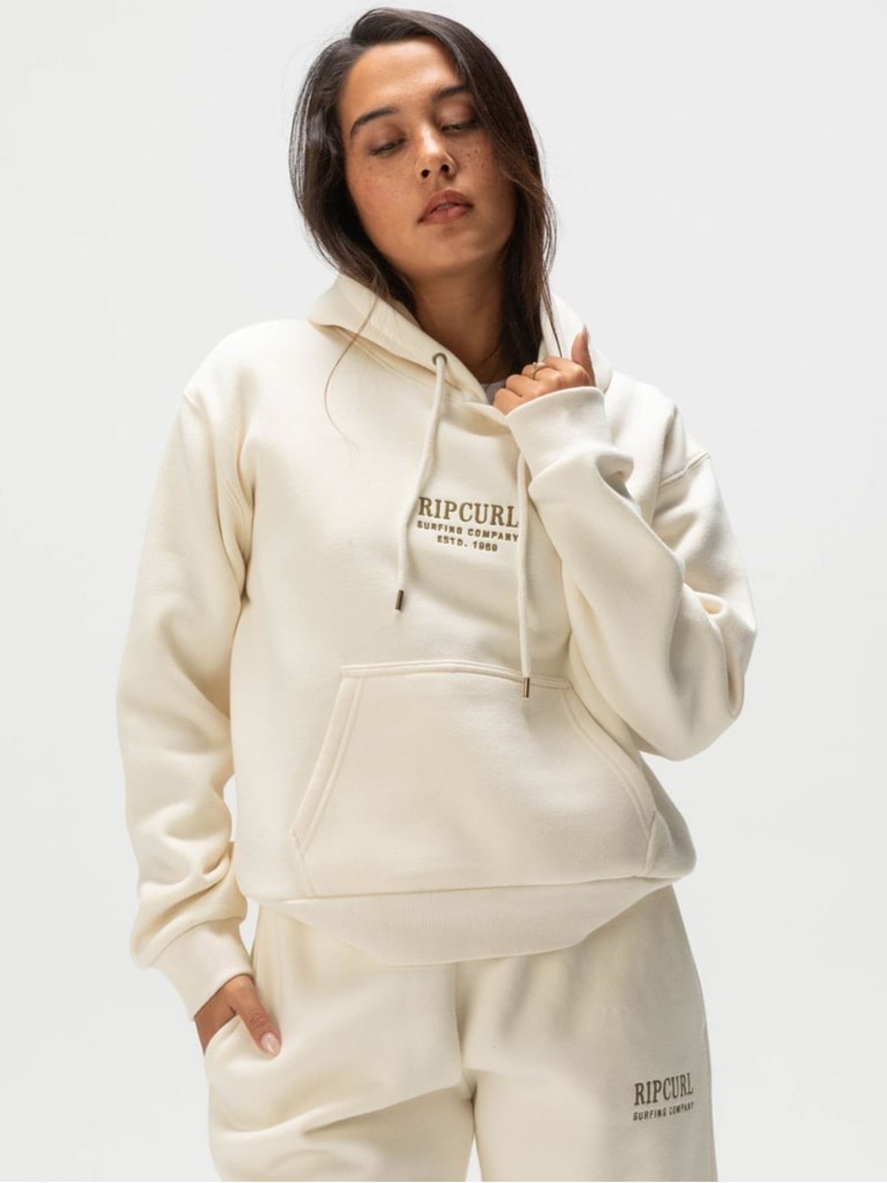 Rip Curl Off White Cream Pullover Hoodie Coastal Surf Aesthetic Sm